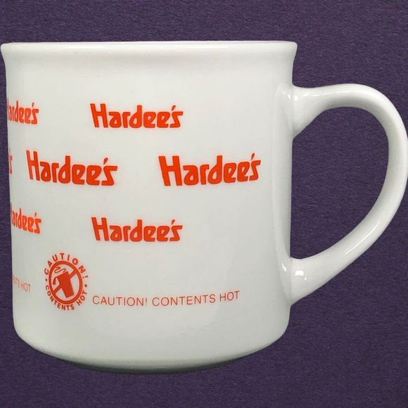 Set of 2 Hardees Caution! Contents Hot Coffee Cup Mug White Orange - Picture 2 of 12